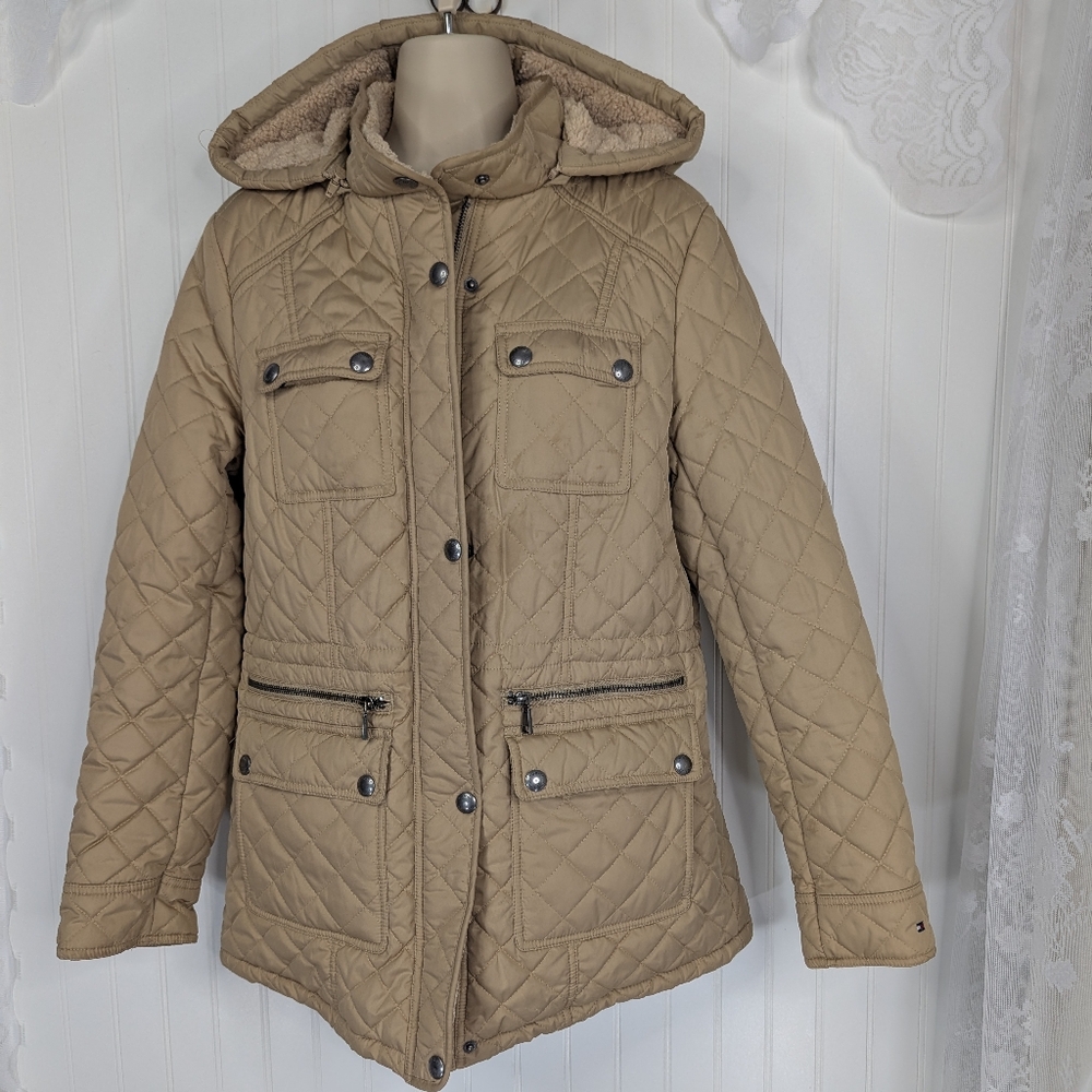 TOMMY HILFIGER Quilted Hooded Cargo Pocket Coat Sz M - Picture 2 of 11